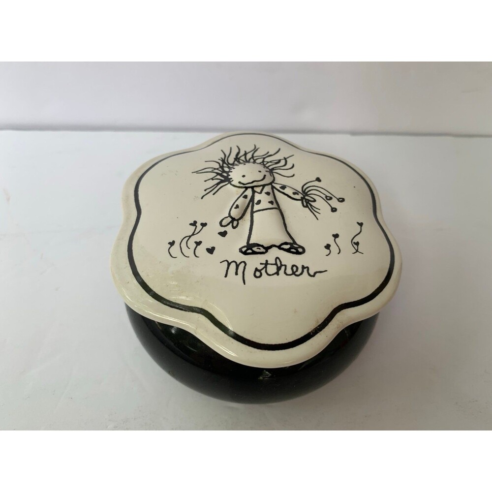 Sweet Black & White Lidded “Mother” Trinket Dish - 2” x 3 7/8”